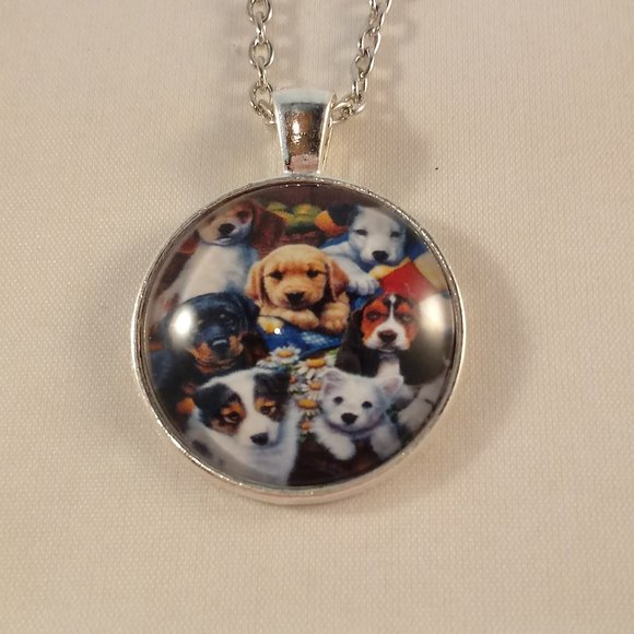 Silver Collage of Puppy Dogs Cabochon Pendant Necklace 20" Party Gift - Picture 2 of 3